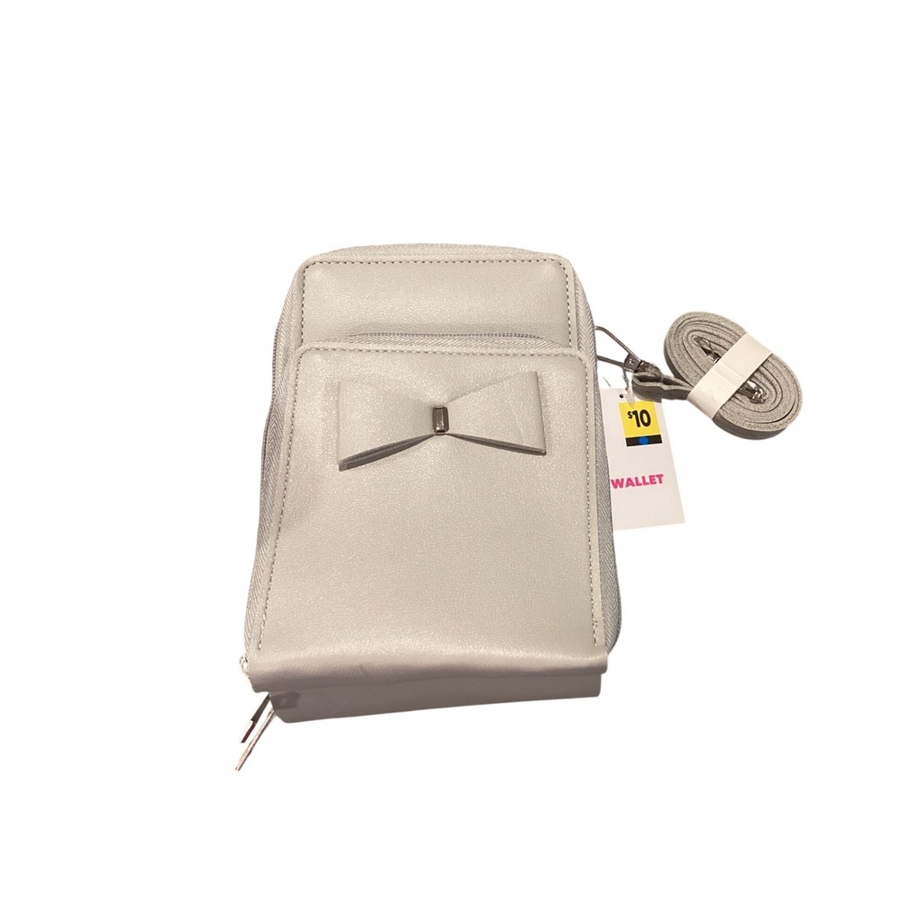 Gray Faux Leather Triple Zip Crossbody Wallet Bag with Bow Accent NWT